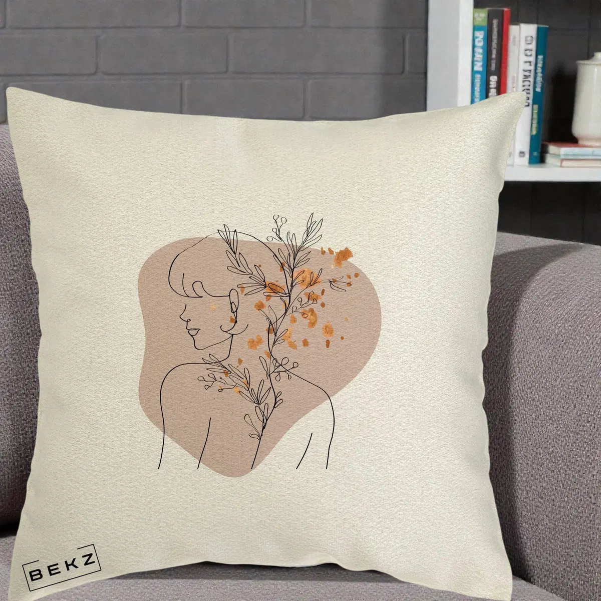 Perna Decorativa Femeie cu Flori Line Art Boho, 40x40 cm, Ecru, Husa Detasabila, Perna, BEKZ®