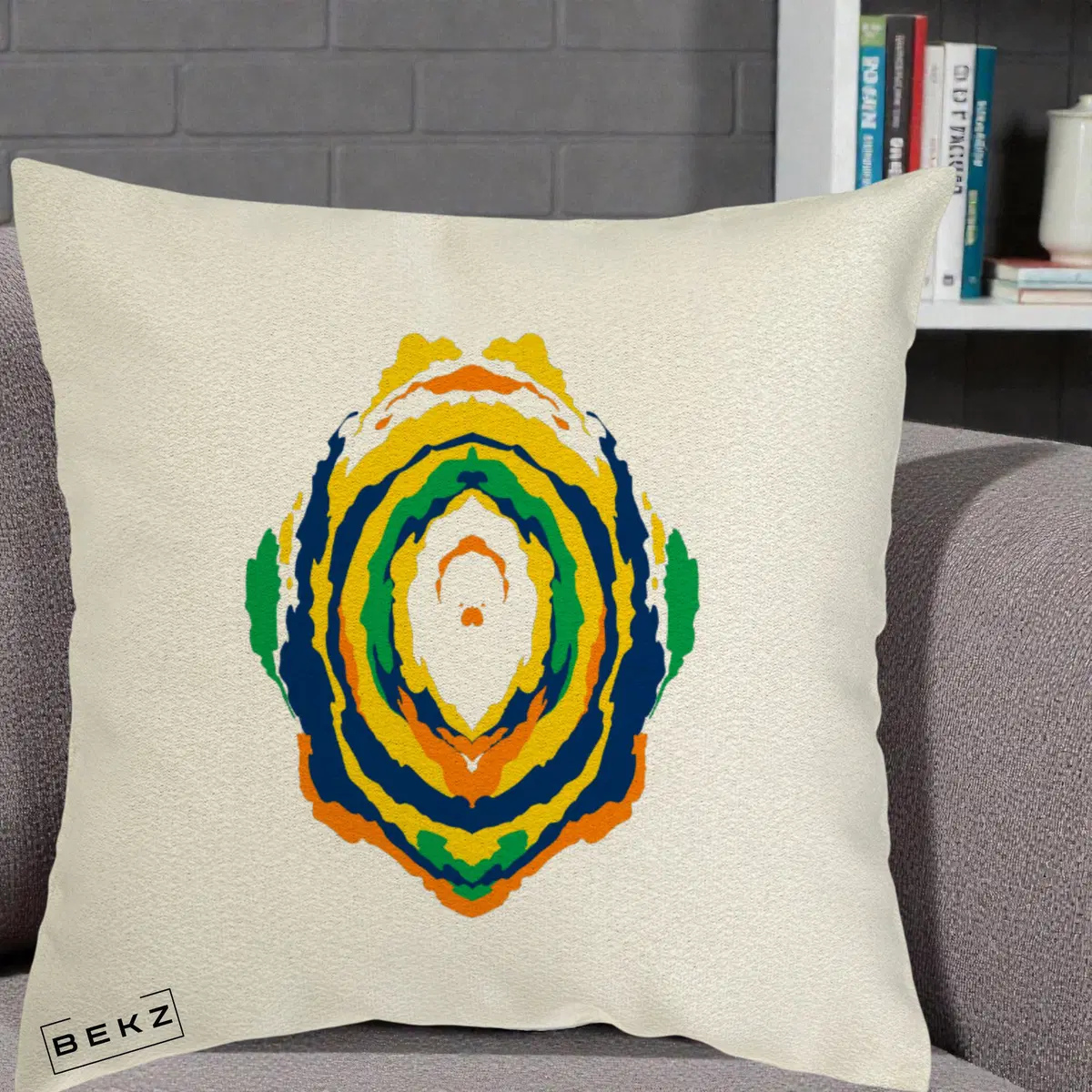 Perna Decorativa Oval Abstract Multicolor, 40x40 cm, Ecru, Husa Detasabila, Perna, BEKZ®