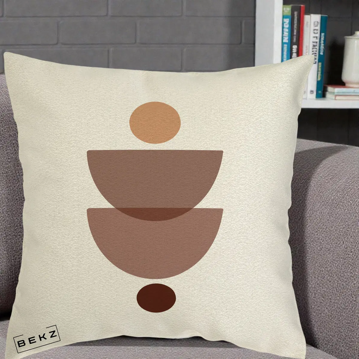 Perna Decorativa Geometric Boho Semicercuri Brun, 40x40 cm, Ecru, Husa Detasabila, Perna, BEKZ®