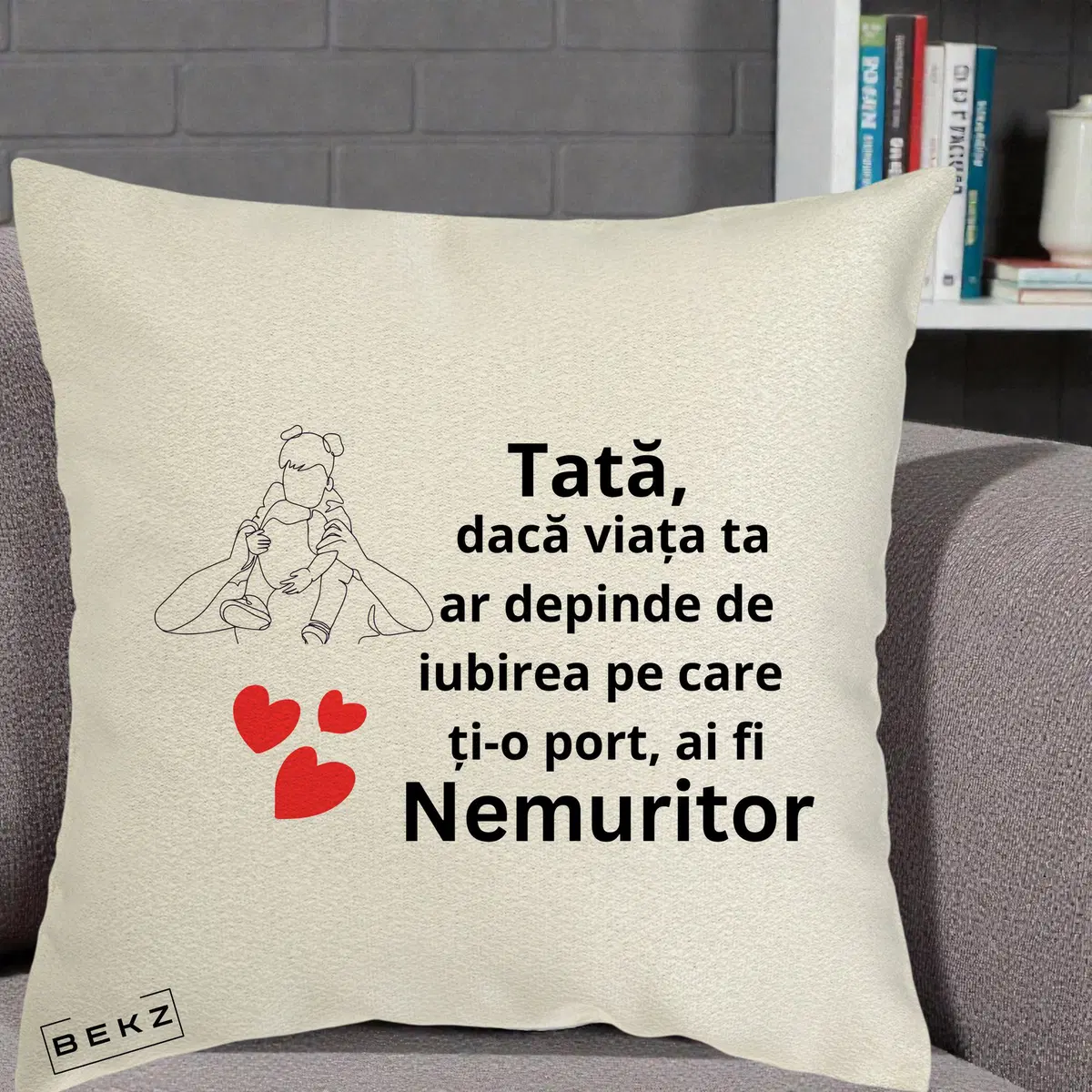 Perna Decorativa Tata Nemuritor Mesaj, 40x40 cm, Ecru, Husa Detasabila, Perna, BEKZ®