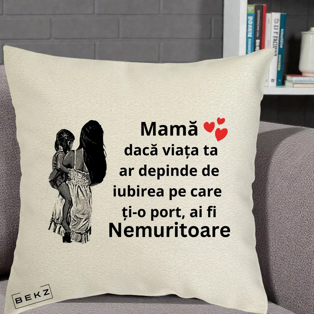 Perna Decorativa Mama Nemuritoare Imbratisare, 40x40 cm, Ecru, Husa Detasabila, Perna, BEKZ®