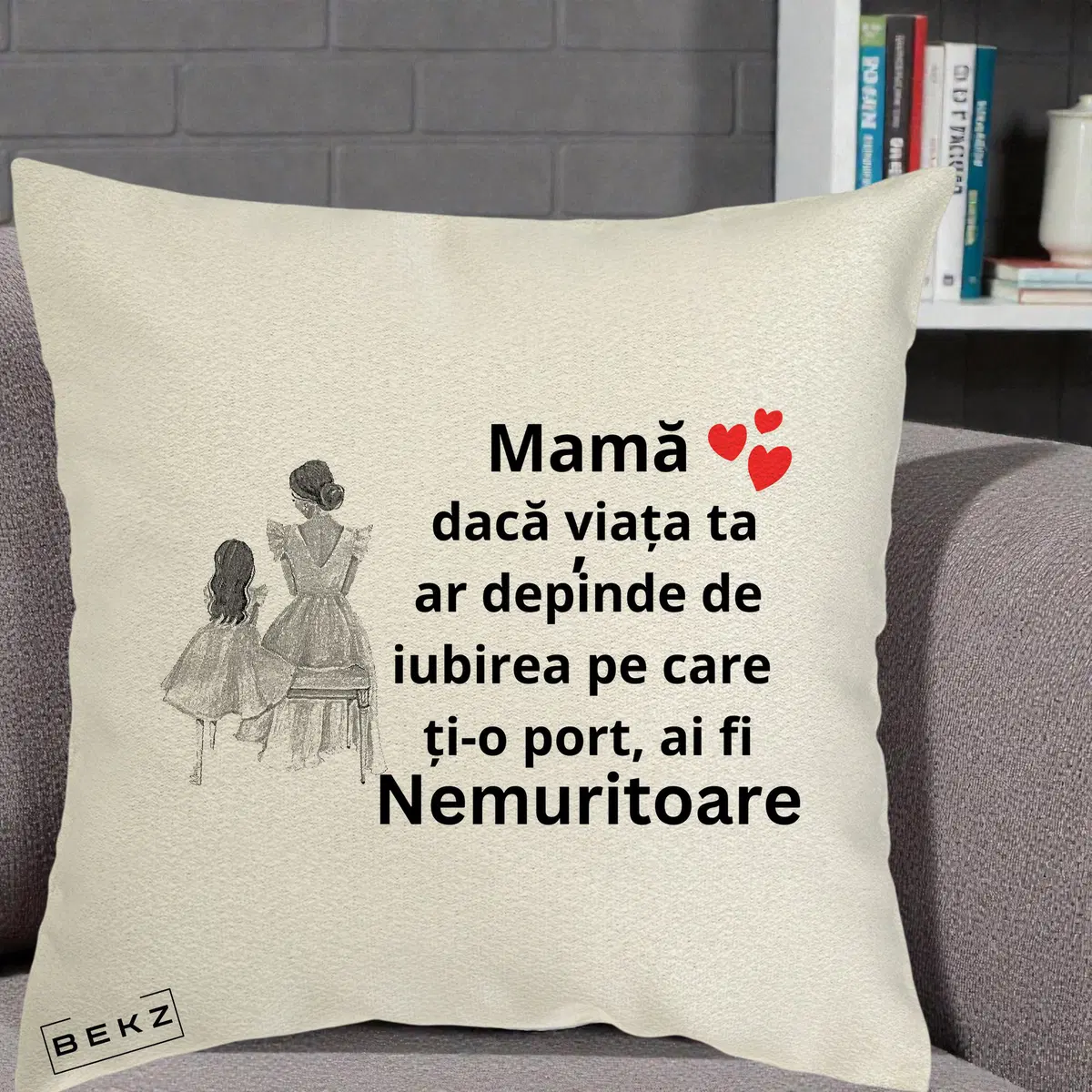 Perna Decorativa Mama Nemuritoare Line Art, 40x40 cm, Ecru, Husa Detasabila, Perna, BEKZ®