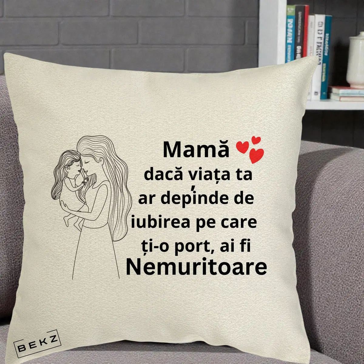 Perna Decorativa Mama Nemuritoare cu Copilul in Poala, 40x40 cm, Ecru, Husa Detasabila, Perna, BEKZ®