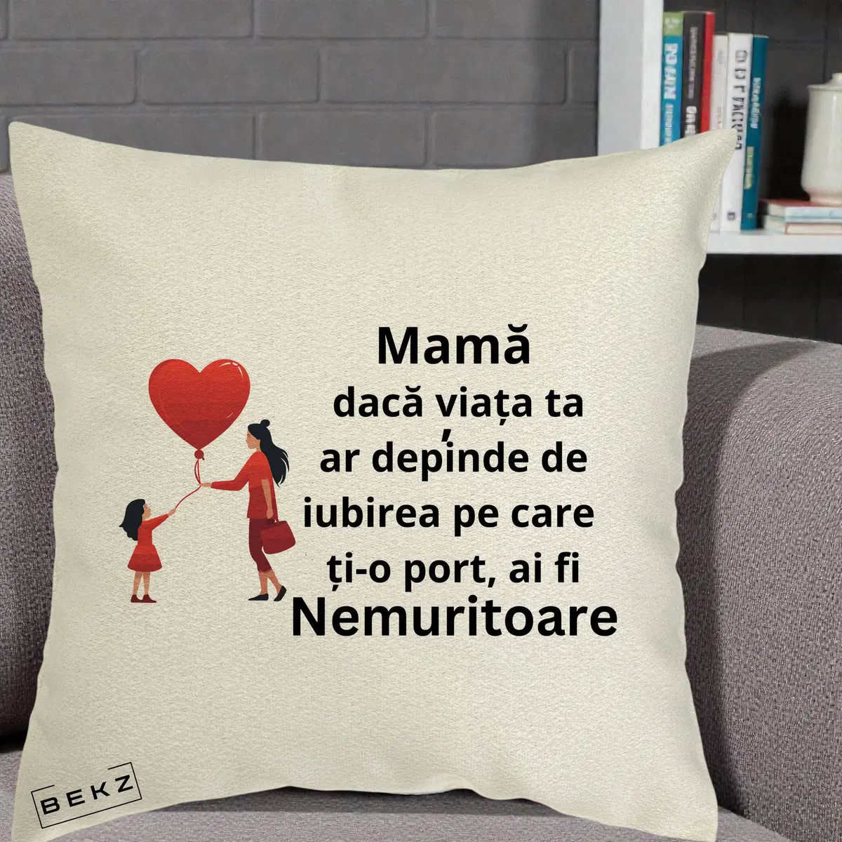 Perna Decorativa Mama Nemuritoare cu Bebelus Kawaii, 40x40 cm, Ecru, Husa Detasabila, Perna, BEKZ®