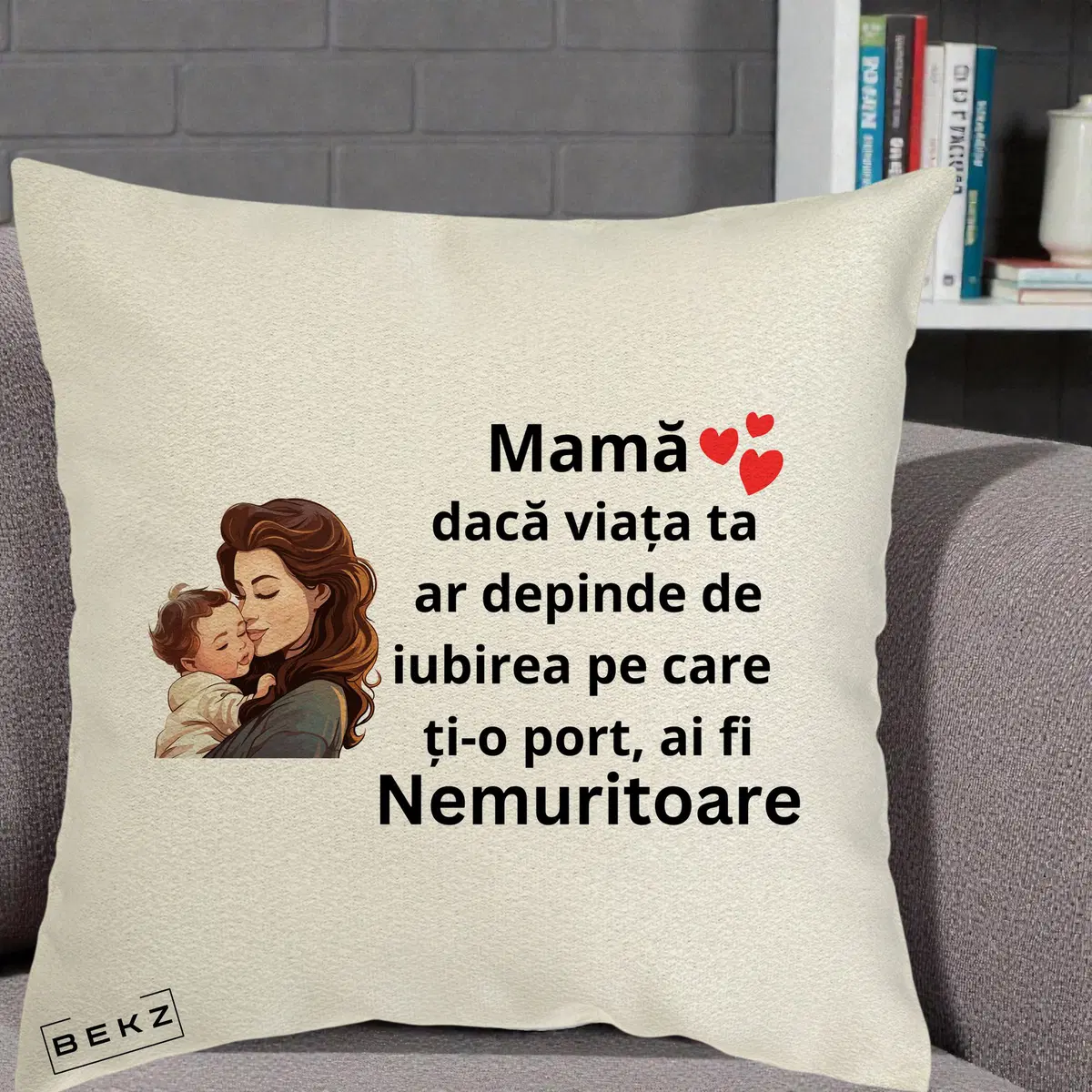 Perna Decorativa Mama Nemuritoare cu Bebelus Lineart, 40x40 cm, Ecru, Husa Detasabila, Perna, BEKZ®