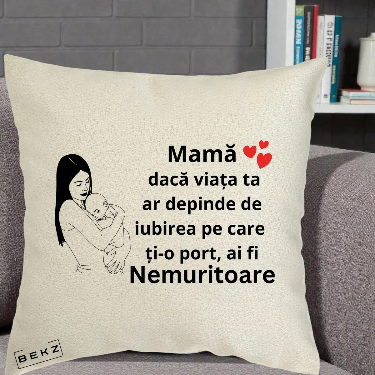 Perna Decorativa Mama Nemuritoare Linie, 40x40 cm, Ecru, Husa Detasabila, Perna, BEKZ®