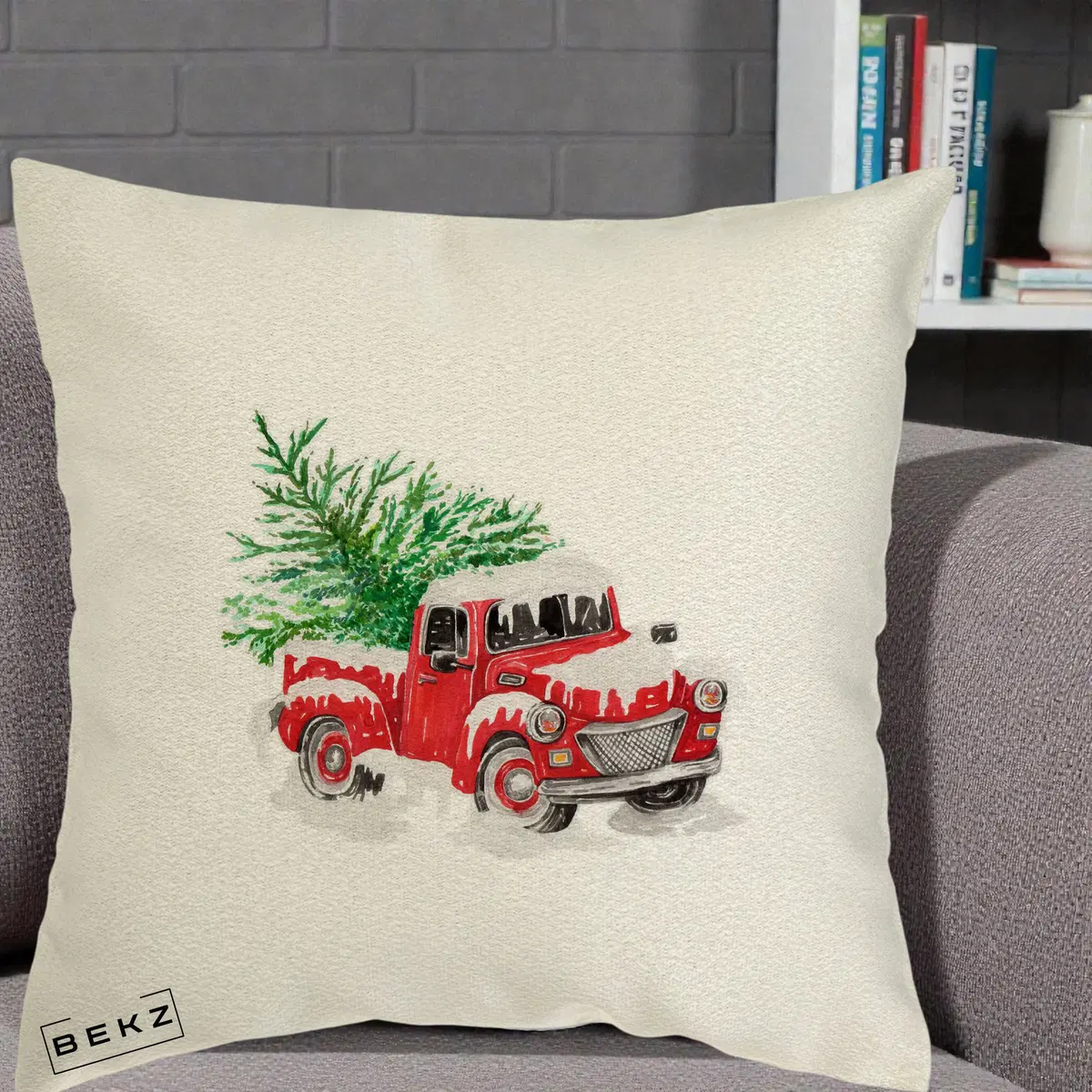 Perna Decorativa Camioneta Rosie Brad de Craciun, 40x40 cm, Ecru, Husa Detasabila, Perna, BEKZ®