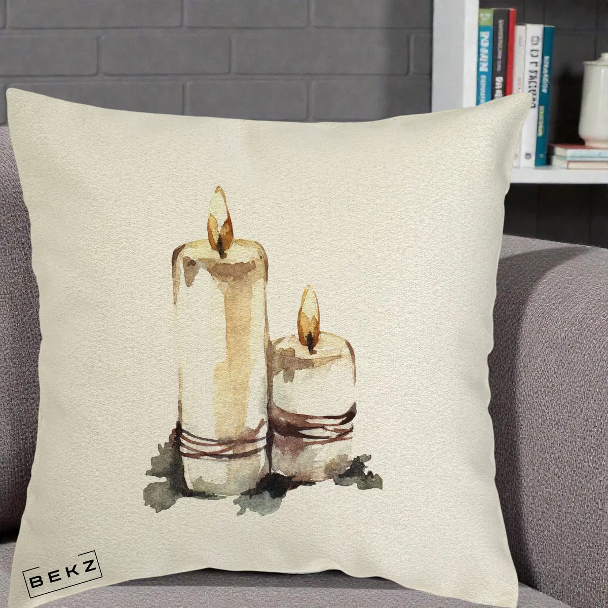 Perna Decorativa Lumanari Acuarela Iarna, 40x40 cm, Ecru, Husa Detasabila, Perna, BEKZ®
