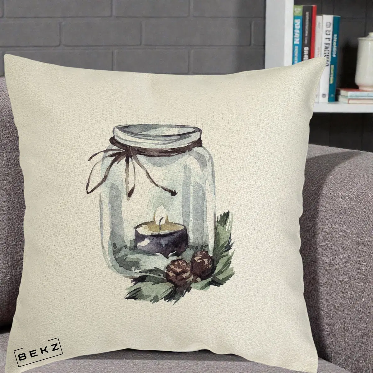 Perna Decorativa Felinar cu Lumanare si Conuri, 40x40 cm, Ecru, Husa Detasabila, Perna, BEKZ®