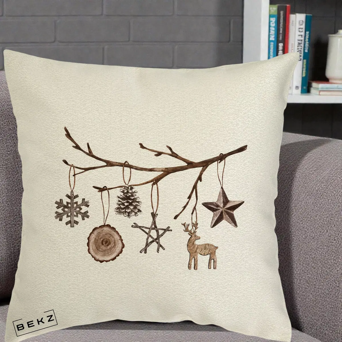 Perna Decorativa Ornamente de Lemn pe Ramura, 40x40 cm, Ecru, Husa Detasabila, Perna, BEKZ®