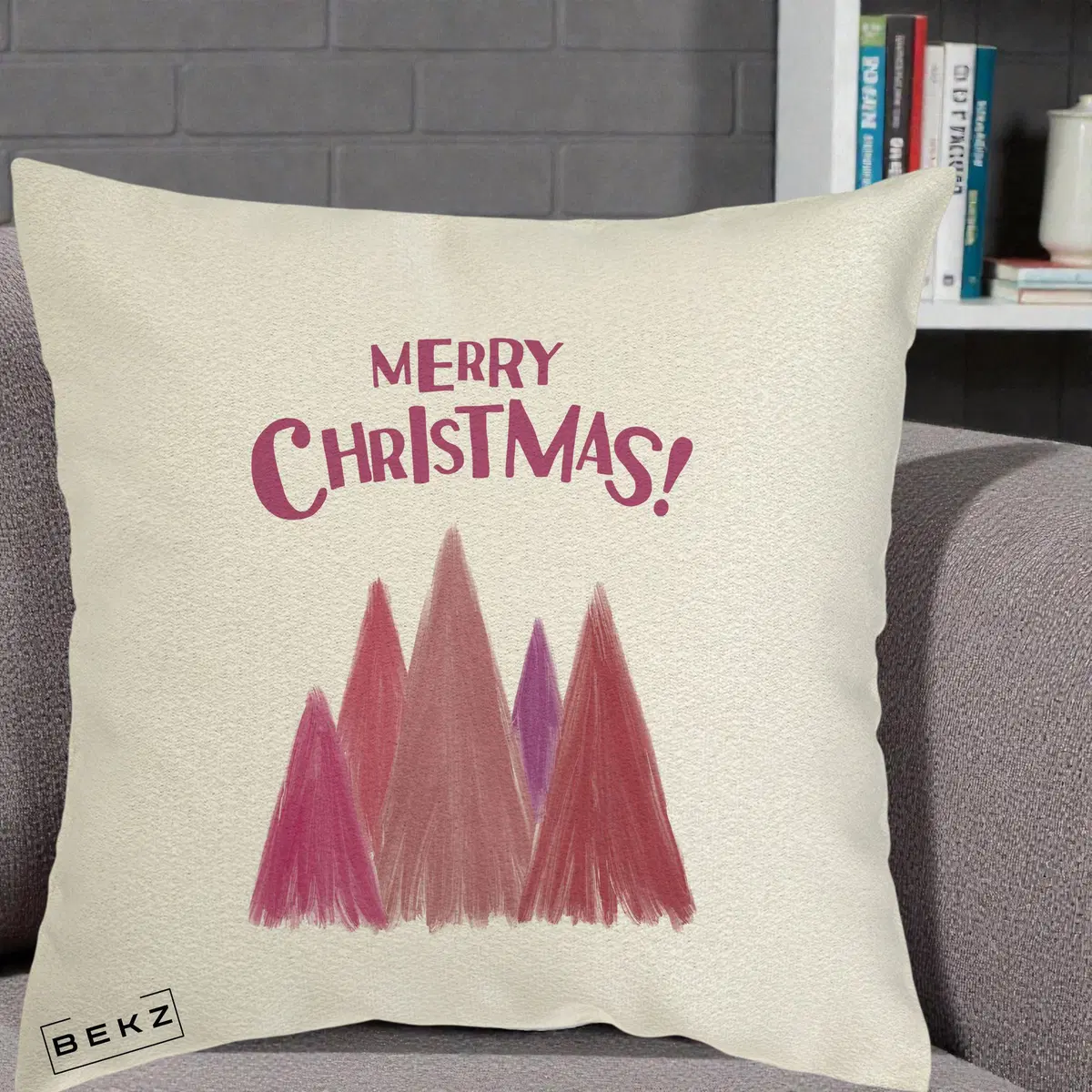 Perna Decorativa Merry Christmas Brazi Roz, 40x40 cm, Ecru, Husa Detasabila, Perna, BEKZ®
