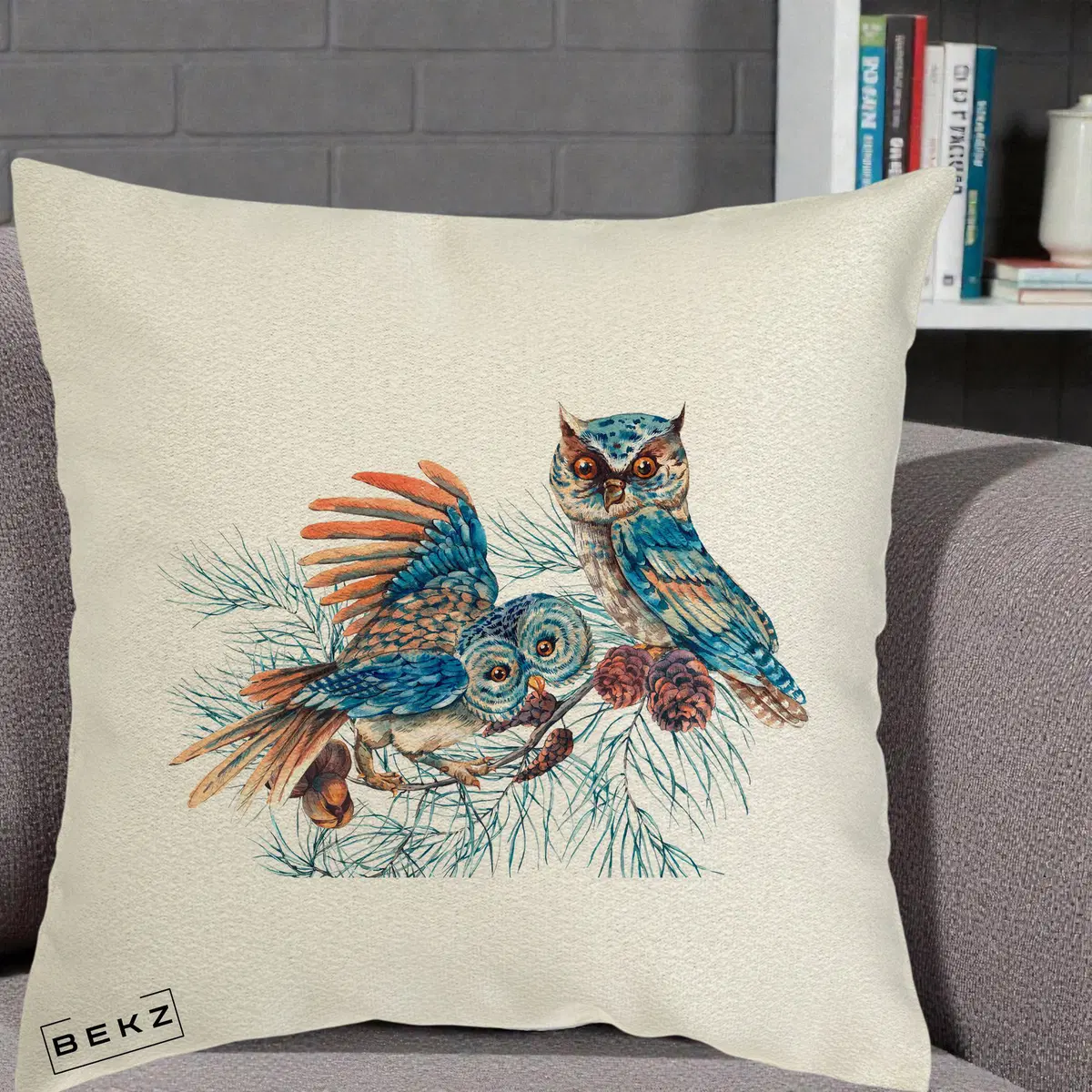 Perna Decorativa Bufnite de Iarna Albastre, 40x40 cm, Ecru, Husa Detasabila, Perna, BEKZ®