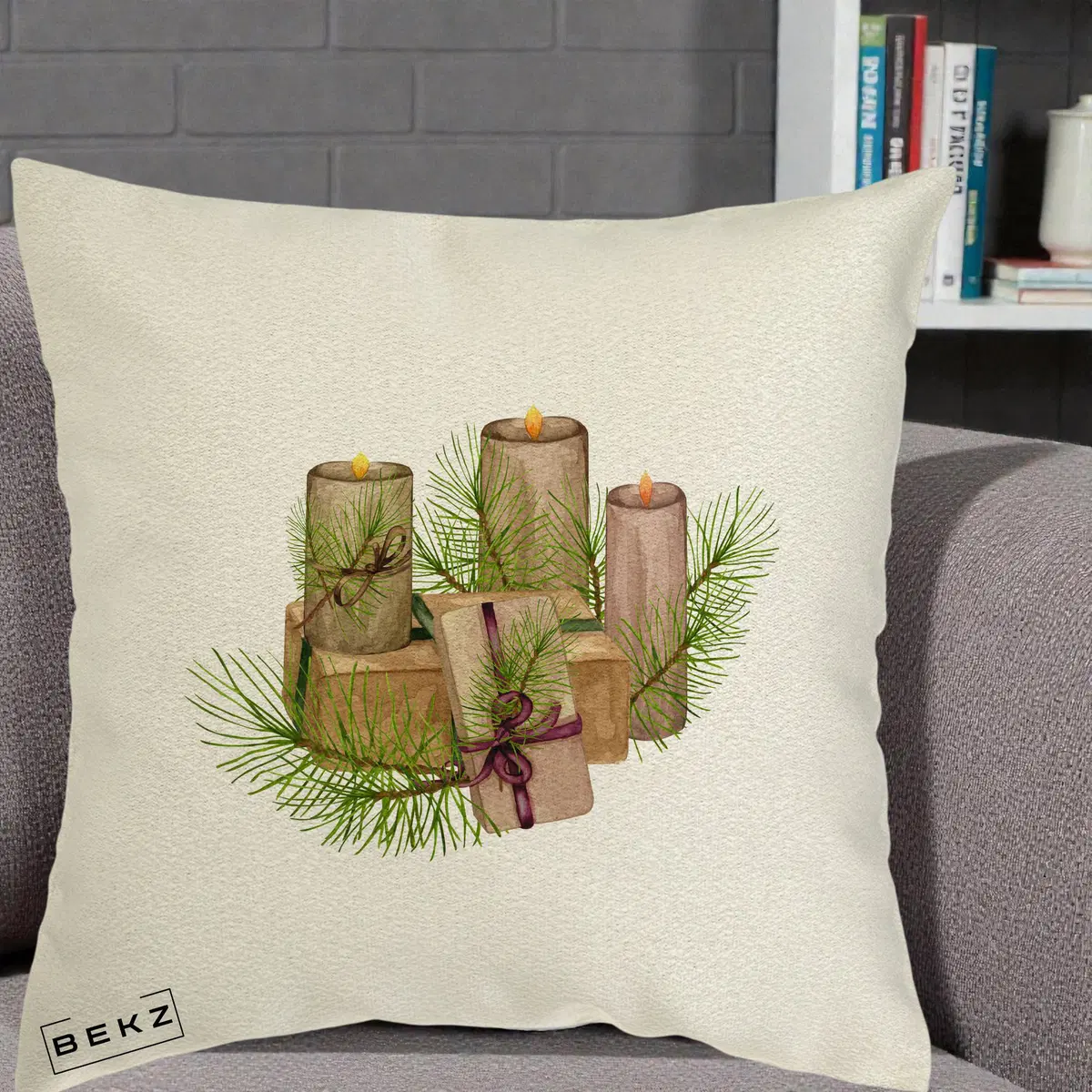 Perna Decorativa Lumanari cu Cadouri Naturale, 40x40 cm, Ecru, Husa Detasabila, Perna, BEKZ®