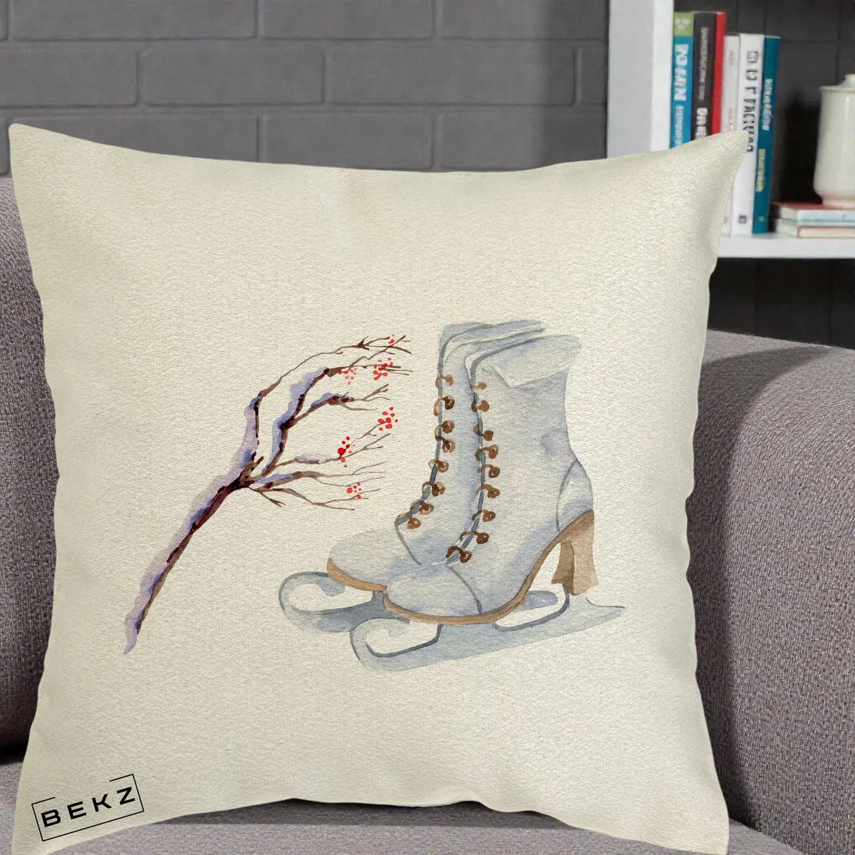 Perna Decorativa Patine cu Ramuri Inzapezite, 40x40 cm, Ecru, Husa Detasabila, Perna, BEKZ®