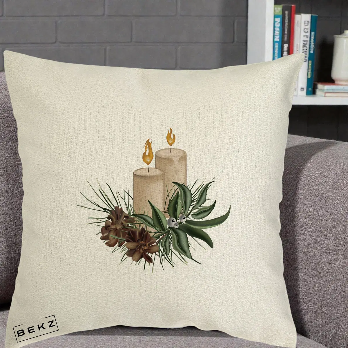 Perna Decorativa Lumanari cu Ilex si Conuri Ilustratie, 40x40 cm, Ecru, Husa Detasabila, Perna, BEKZ®