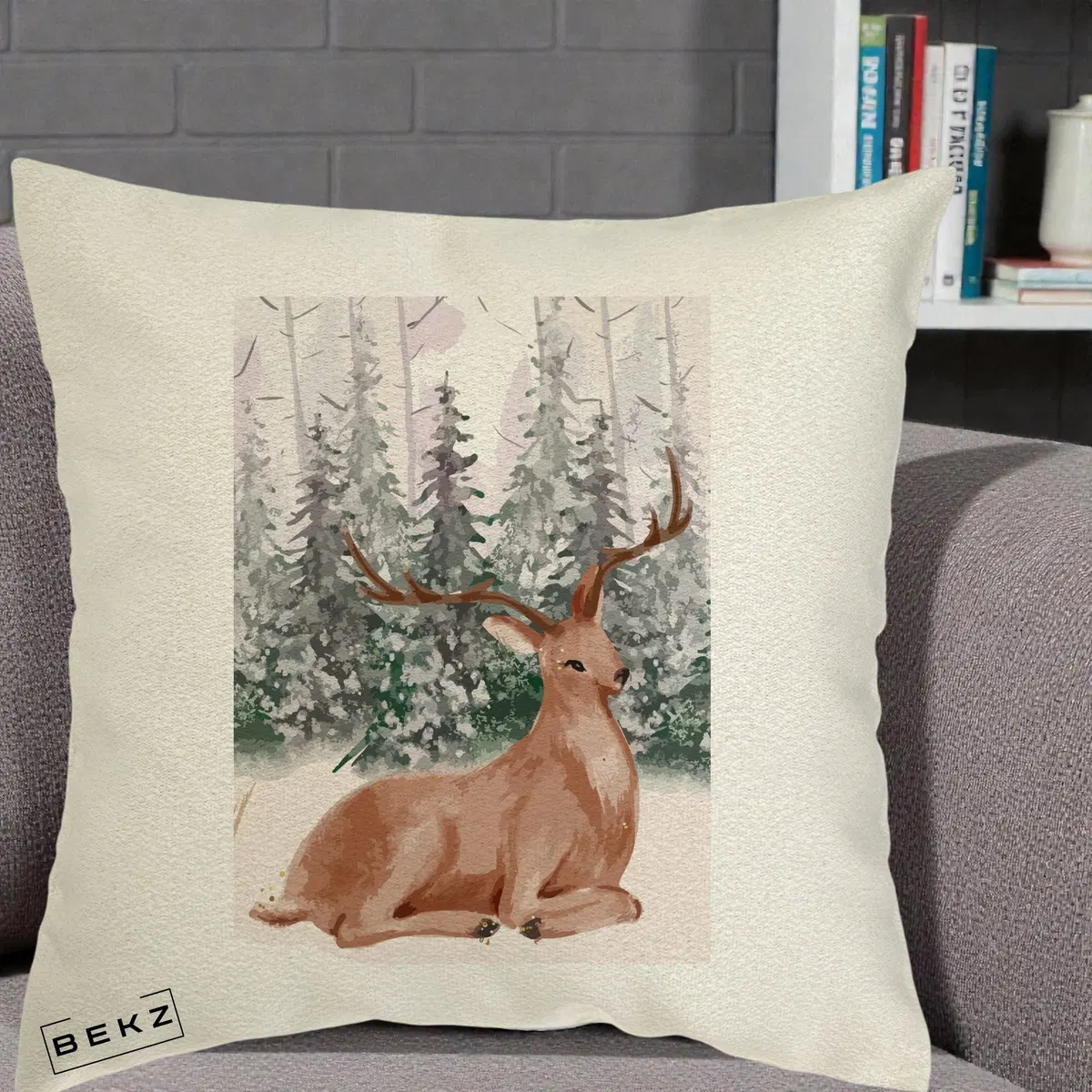 Perna Decorativa Ren in Padure Roz Moale, 40x40 cm, Ecru, Husa Detasabila, Perna, BEKZ®