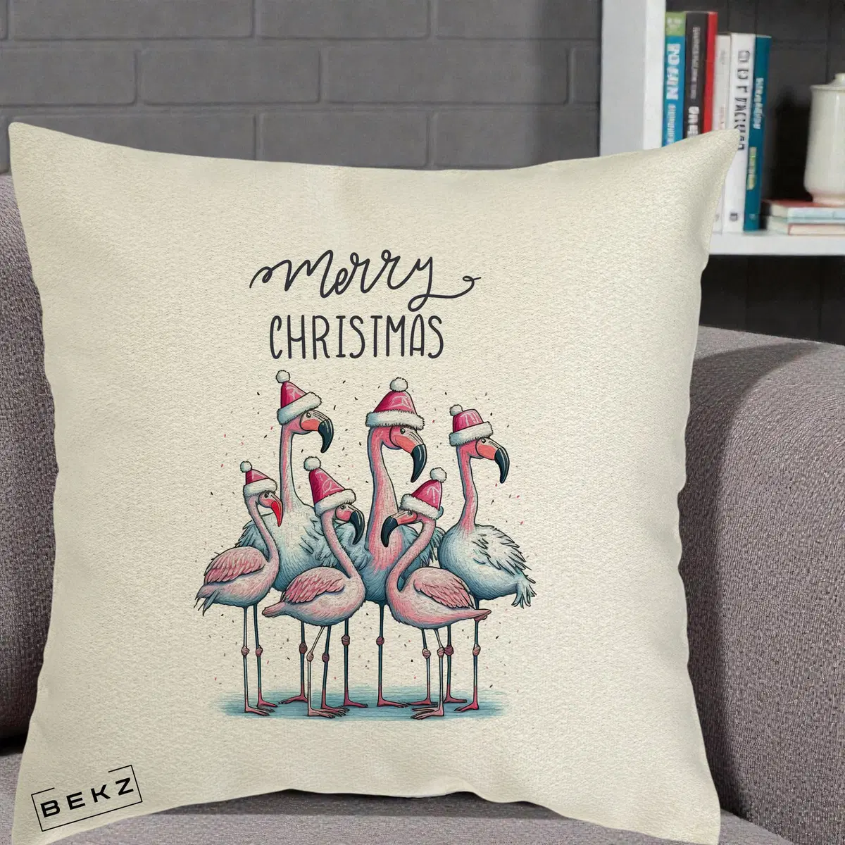 Perna Decorativa Flamingo Merry Christmas, 40x40 cm, Ecru, Husa Detasabila, Perna, BEKZ®