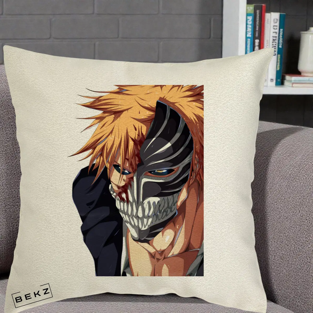 Perna Decorativa Bleach Ichigo Masca Hollow, 40x40 cm, Ecru, Husa Detasabila, Perna, BEKZ®