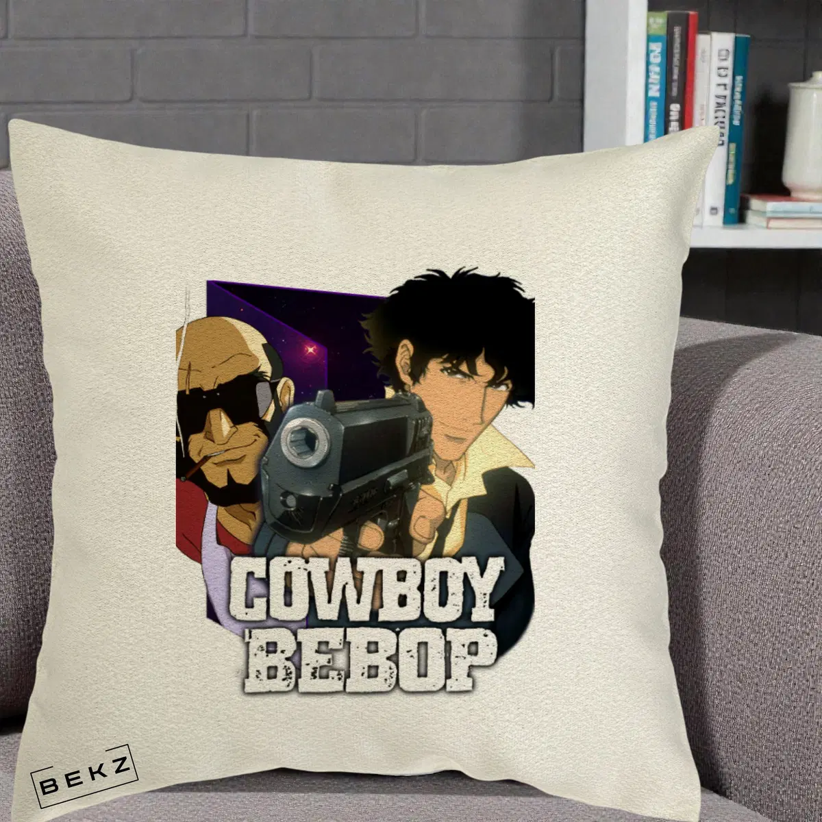 Perna Decorativa Cowboy Bebop Spike si Jet Poster, 40x40 cm, Ecru, Husa Detasabila, Perna, BEKZ®