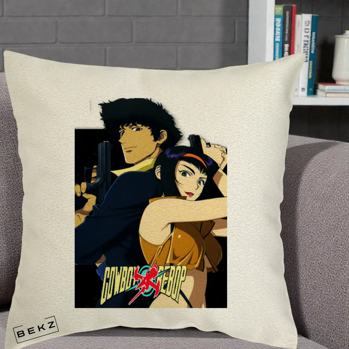 Perna Decorativa Cowboy Bebop Spike si Faye Poster, 40x40 cm, Ecru, Husa Detasabila, Perna, BEKZ®
