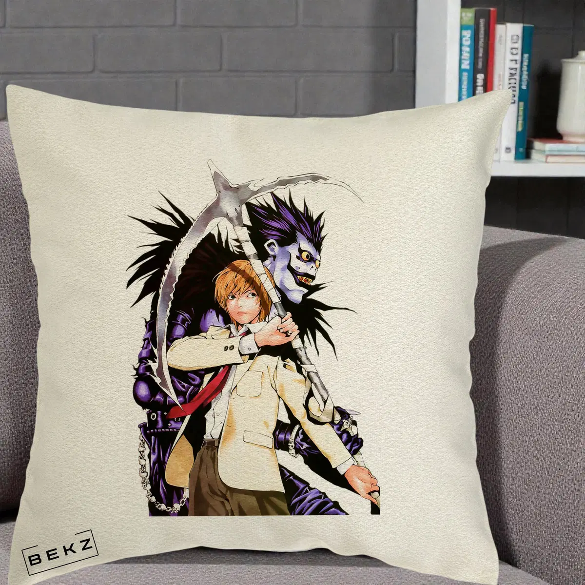 Perna Decorativa Death Note Light si Ryuk Duo, 40x40 cm, Ecru, Husa Detasabila, Perna, BEKZ®