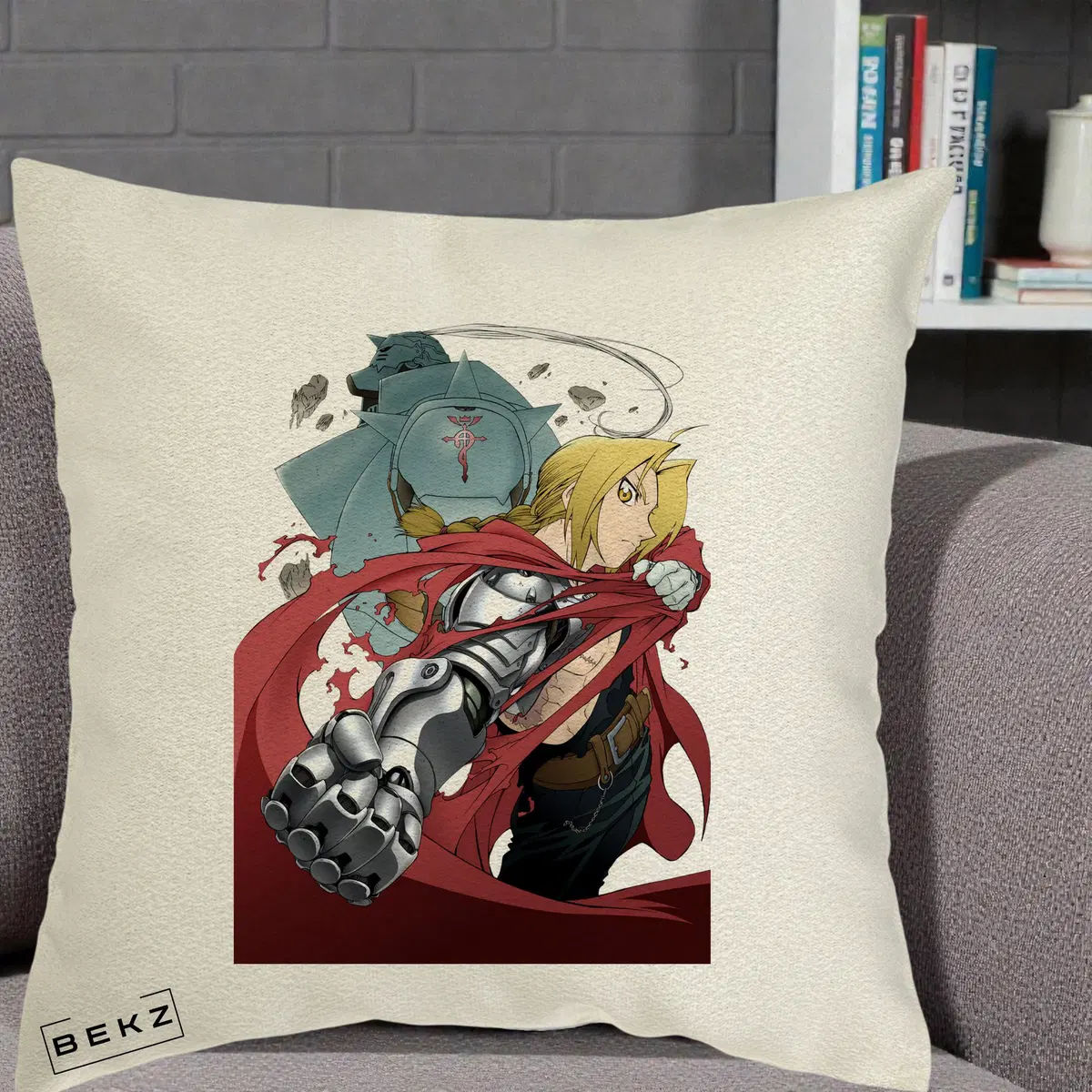 Perna Decorativa Fullmetal Alchemist Brotherhood Edward si Al Poster, 40x40 cm, Ecru, Husa Detasabila, Perna, BEKZ®