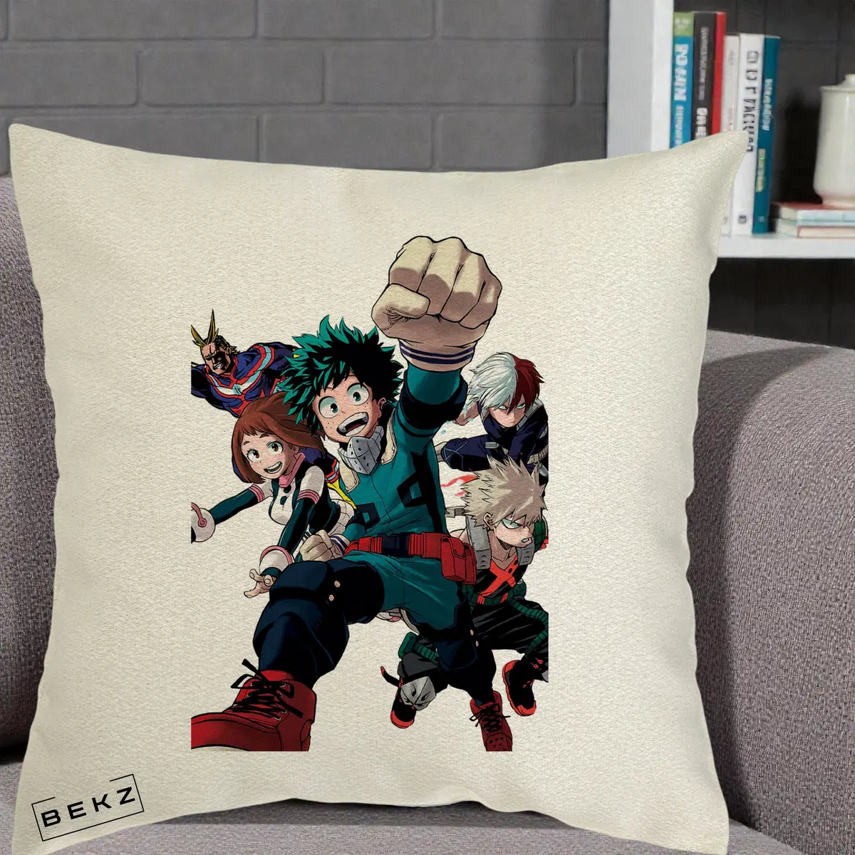 Perna Decorativa My Hero Academia Izuku Deku si Echipa, 40x40 cm, Ecru, Husa Detasabila, Perna, BEKZ®