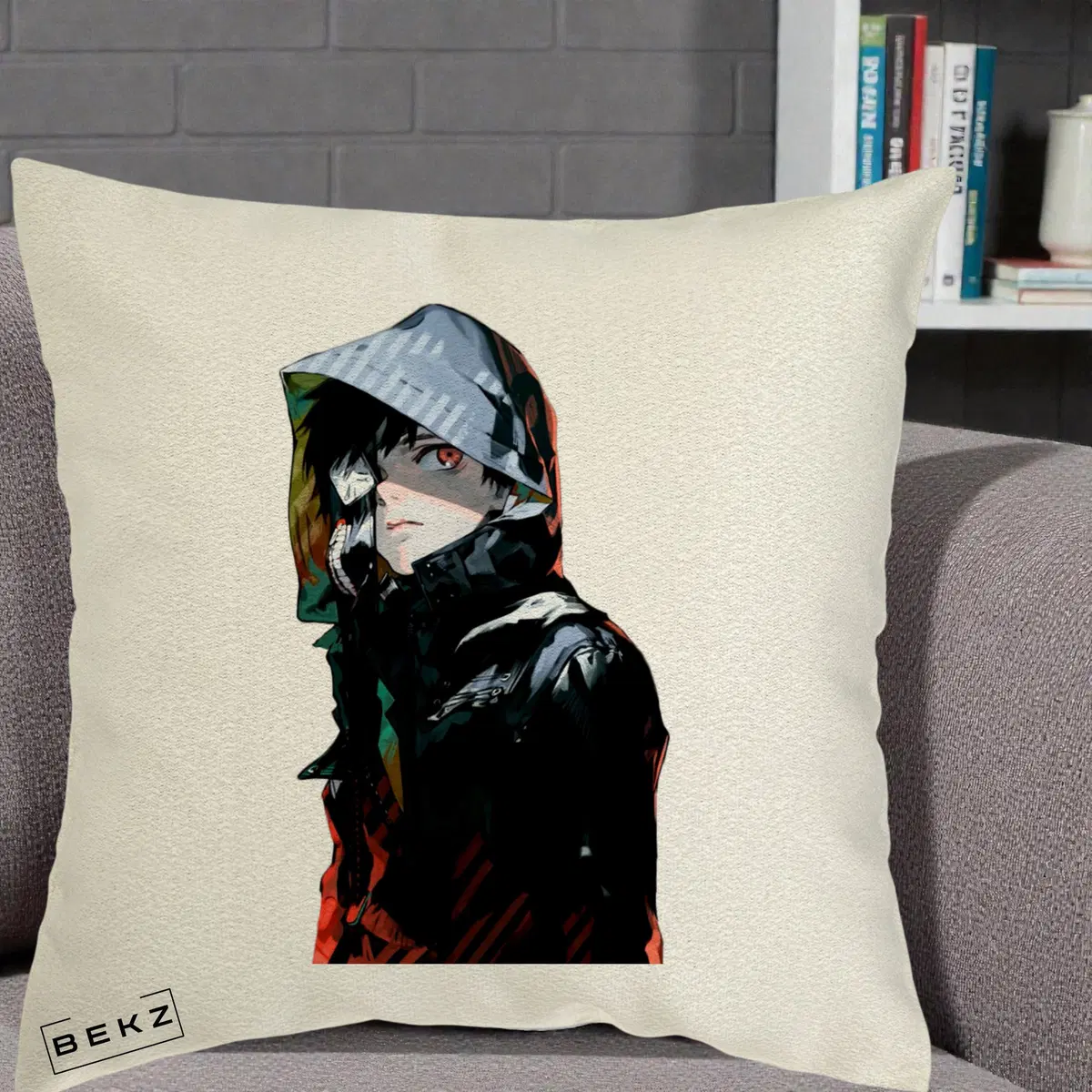 Perna Decorativa Tokyo Ghoul Ken Kaneki cu Masca si Gluga, 40x40 cm, Ecru, Husa Detasabila, Perna, BEKZ®