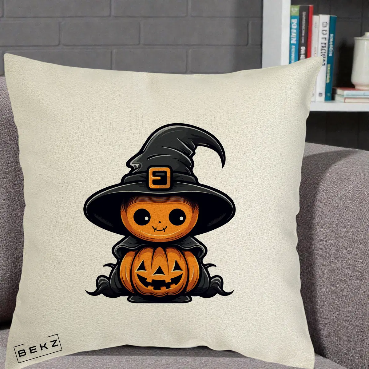 Perna Decorativa Halloween Dovleac Vrajitor Kawaii, 40x40 cm, Ecru, Husa Detasabila, Perna, BEKZ®
