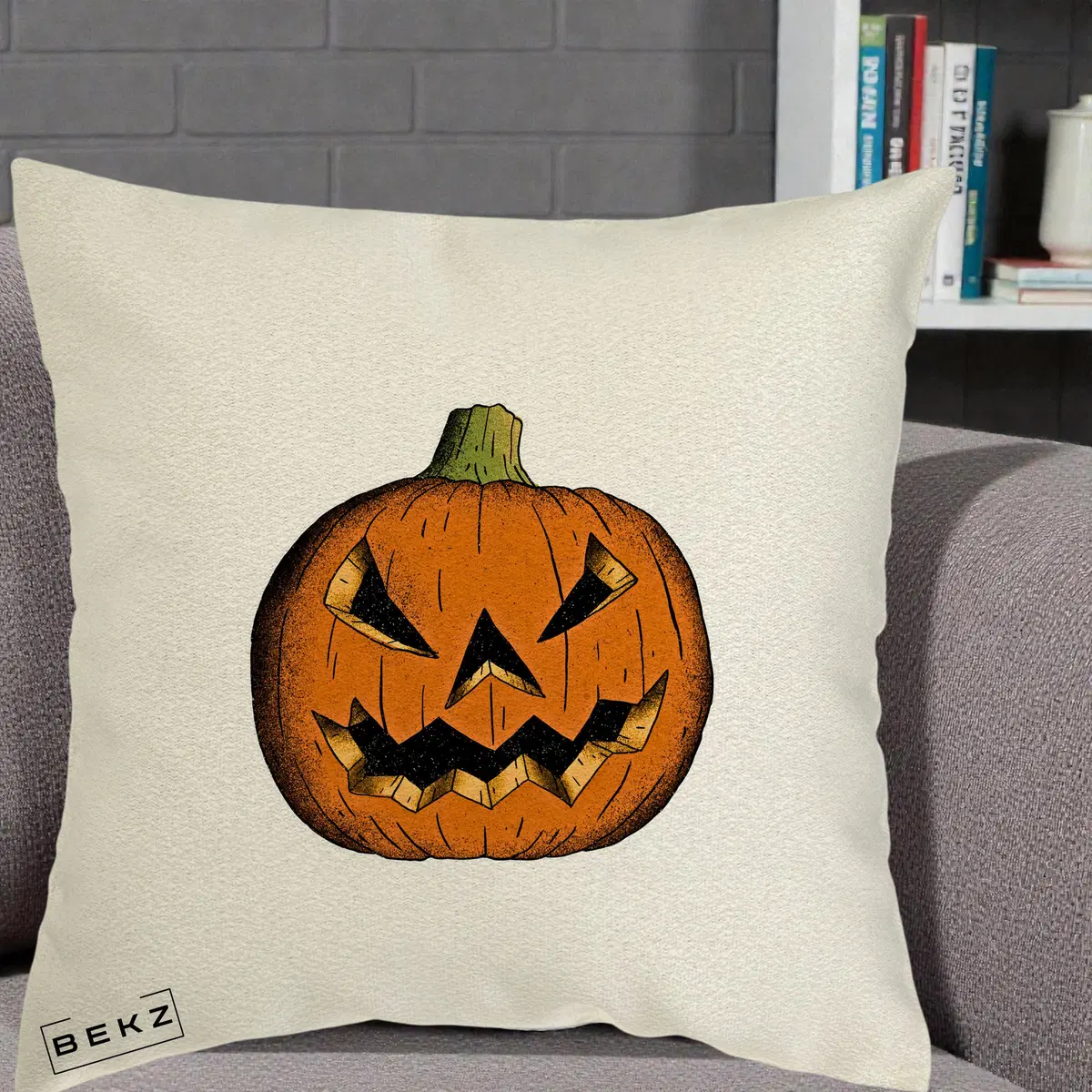 Perna Decorativa Halloween Dovleac Portocaliu Clasic, 40x40 cm, Ecru, Husa Detasabila, Perna, BEKZ®