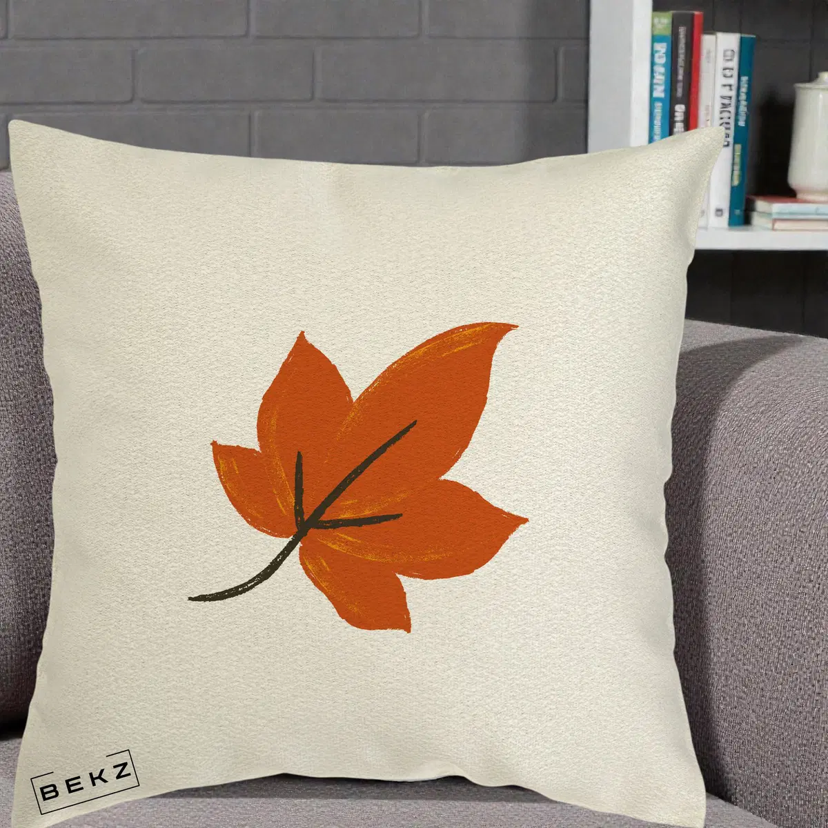 Perna Decorativa Frunza de Toamna Portocalie, 40x40 cm, Ecru, Husa Detasabila, Perna, BEKZ®