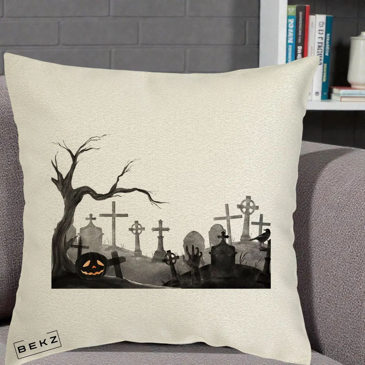 Perna Decorativa Halloween Cimitir Acuarela cu Dovleac, 40x40 cm, Ecru, Husa Detasabila, Perna, BEKZ®