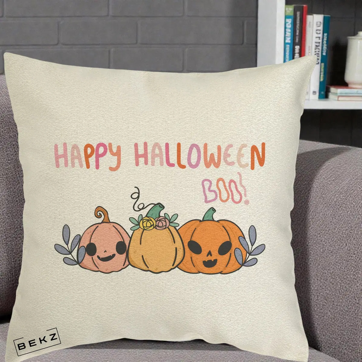Perna Decorativa Happy Halloween Boo Trei Dovlecei Kawaii, 40x40 cm, Ecru, Husa Detasabila, Perna, BEKZ®