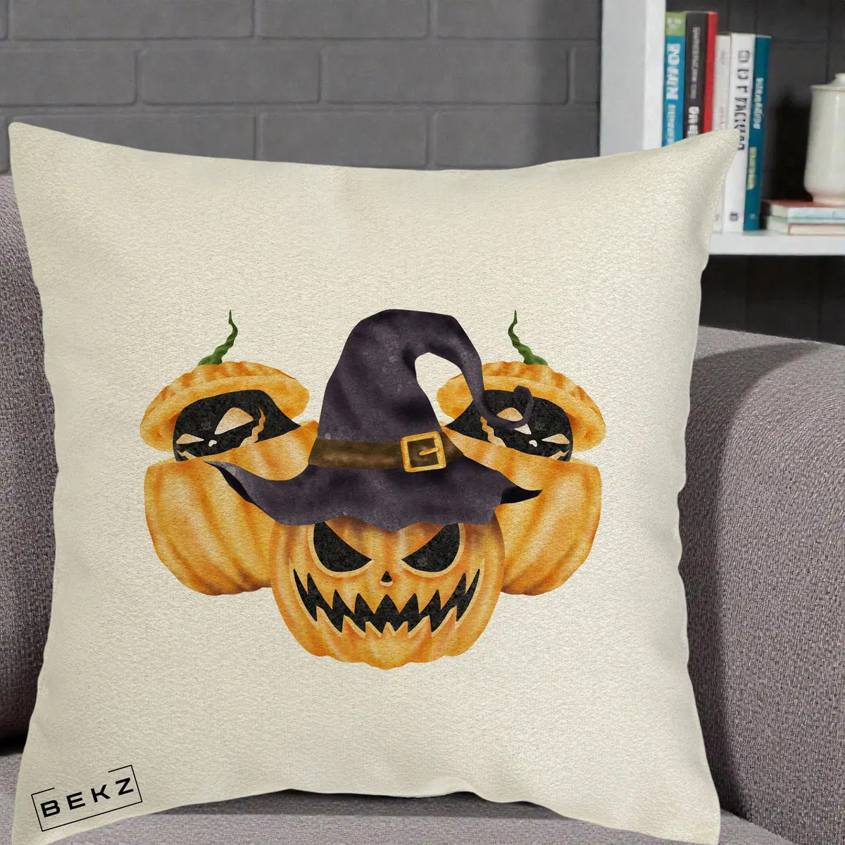 Perna Decorativa Trio Dovleci Jack-o-Lantern cu Palarie Vrajitoare, 40x40 cm, Ecru, Husa Detasabila, Perna, BEKZ®