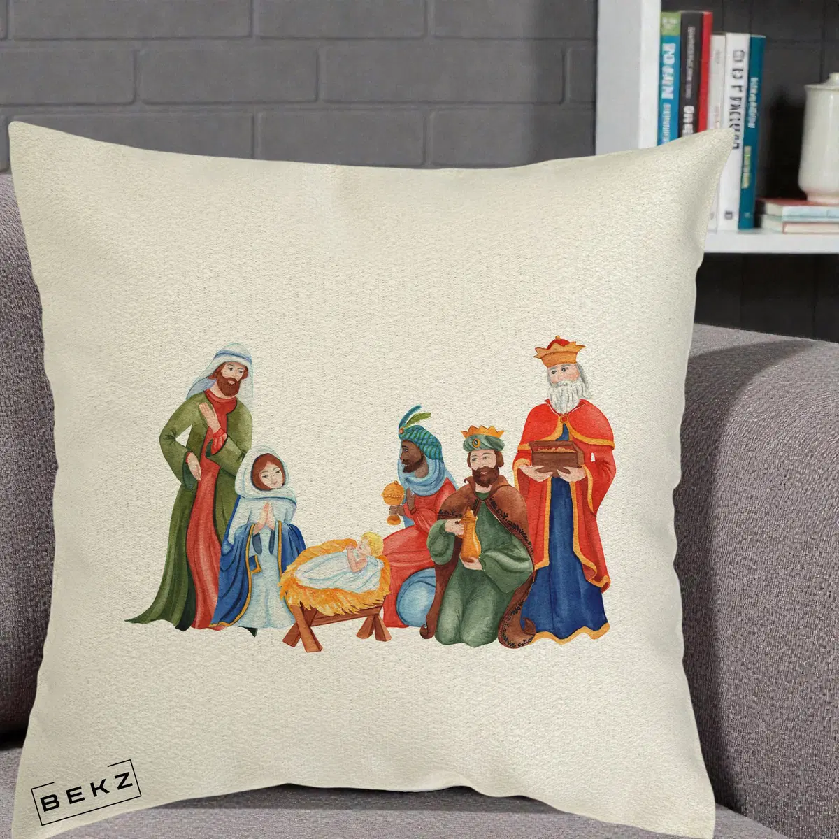 Perna Decorativa Nasterea Domnului Cei Trei Magi Acuarela, 40x40 cm, Ecru, Husa Detasabila, Perna, BEKZ®