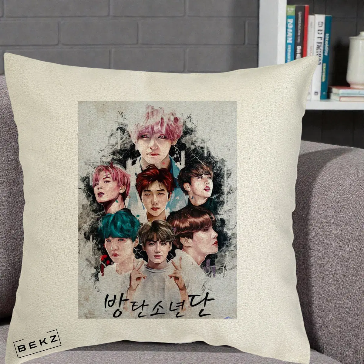 Perna Decorativa BTS Bangtan Boys Poster Artistic Negru Alb, 40x40 cm, Ecru, Husa Detasabila, Perna, BEKZ®