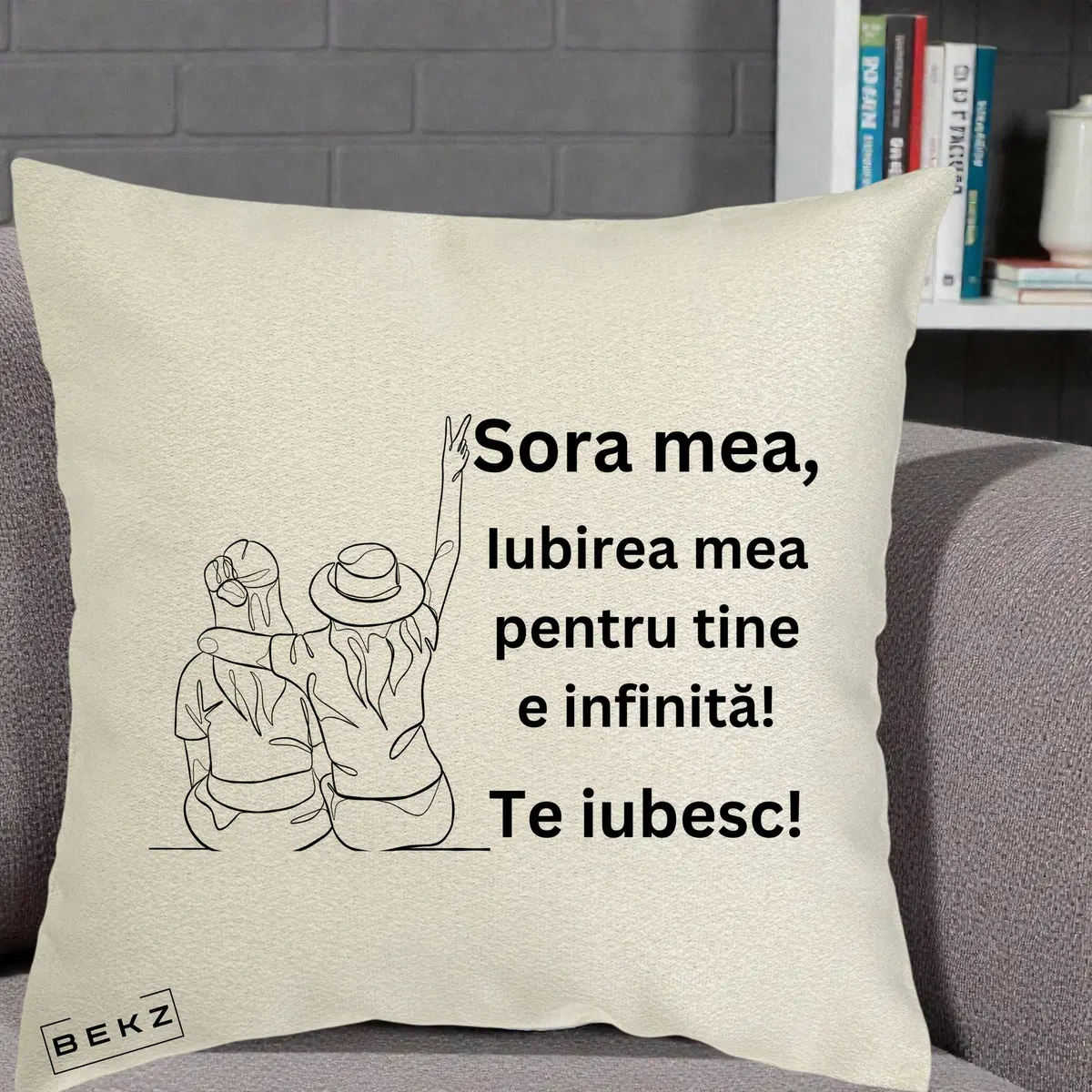Perna Decorativa Sora Mea Te Iubesc Line Art Portrete Colorate, 40x40 cm, Ecru, Husa Detasabila, Perna, BEKZ®