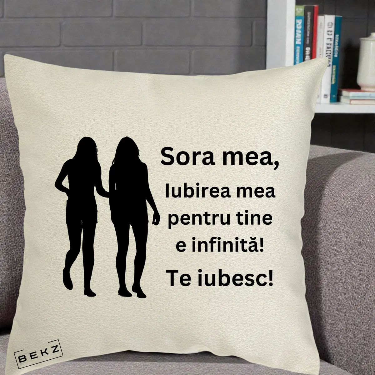 Perna Decorativa Sora Mea Te Iubesc Doua Fete Bomboane Line Art, 40x40 cm, Ecru, Husa Detasabila, Perna, BEKZ®