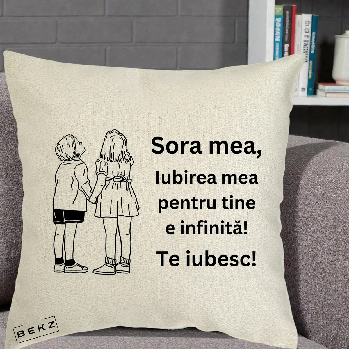 Perna Decorativa Sora Mea Te Iubesc Copii Tinand Maini Line Art, 40x40 cm, Ecru, Husa Detasabila, Perna, BEKZ®