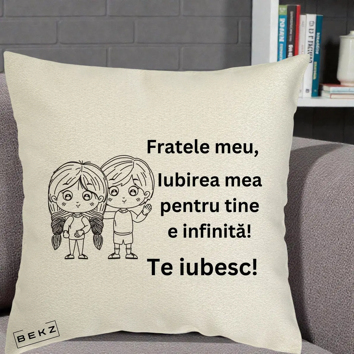 Perna Decorativa Fratele Meu Te Iubesc Copii Anime Line Art Negru, 40x40 cm, Ecru, Husa Detasabila, Perna, BEKZ®