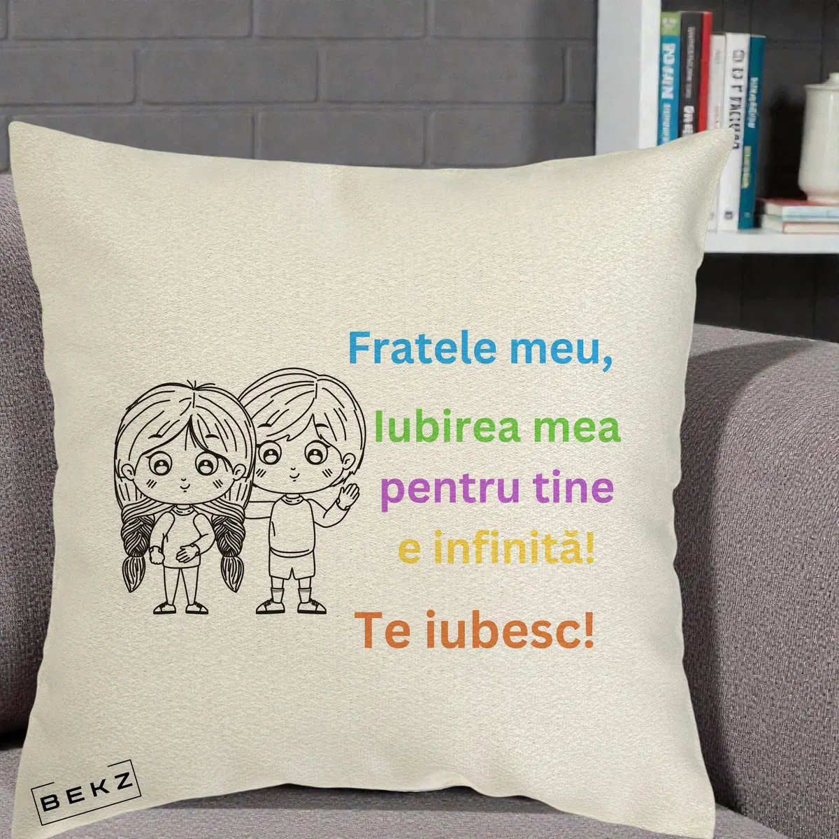 Perna Decorativa Fratele Meu Te Iubesc Copii Anime Colorat, 40x40 cm, Ecru, Husa Detasabila, Perna, BEKZ®