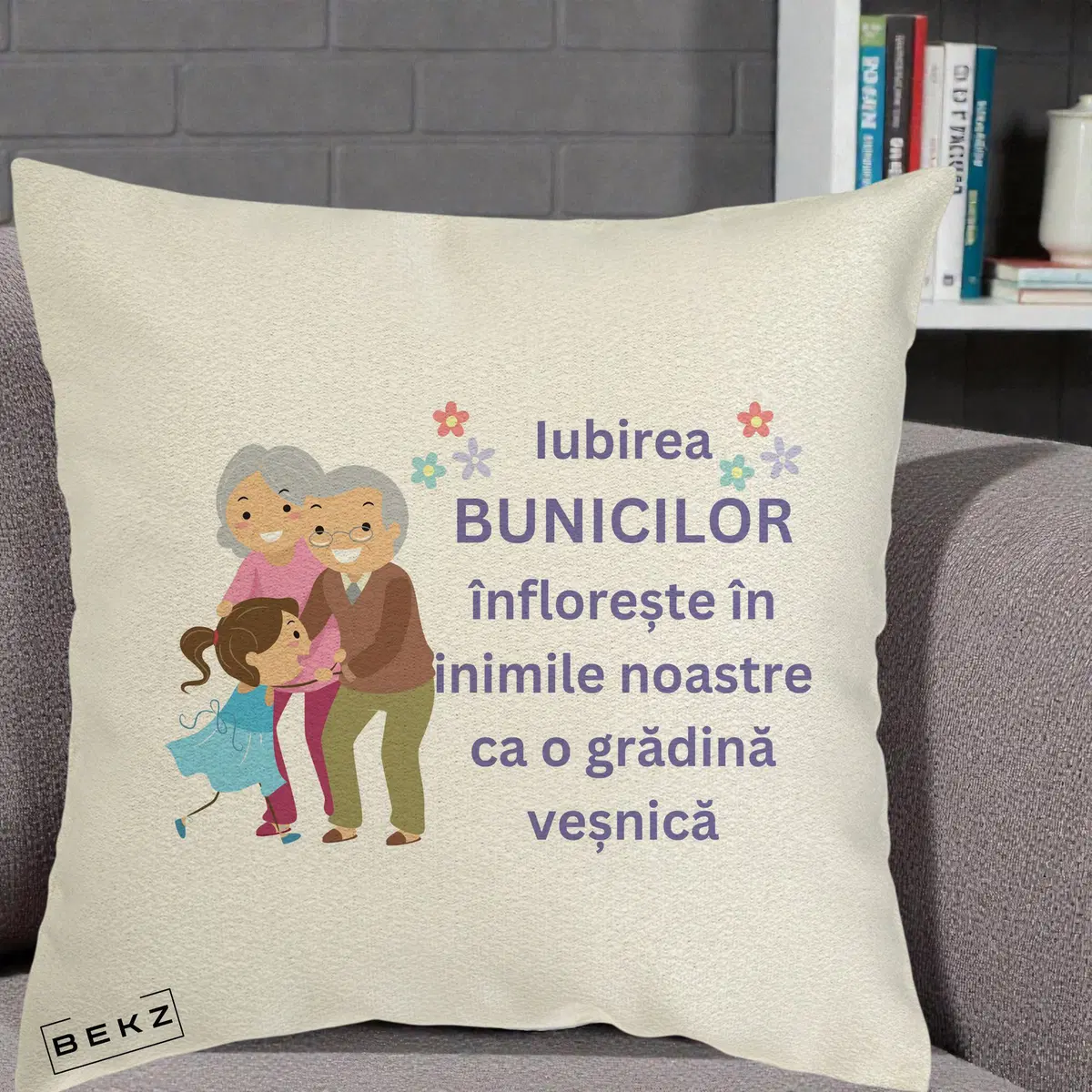 Perna Decorativa Bunicii Iubirea Infloreste Bunici cu Nepoata Colorat, 40x40 cm, Ecru, Husa Detasabila, Perna, BEKZ®