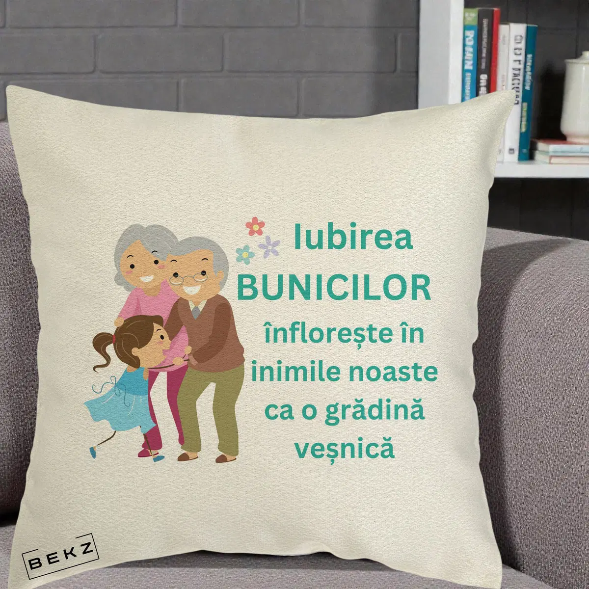 Perna Decorativa Bunicii Iubirea Infloreste cu Nepoata Teal, 40x40 cm, Ecru, Husa Detasabila, Perna, BEKZ®
