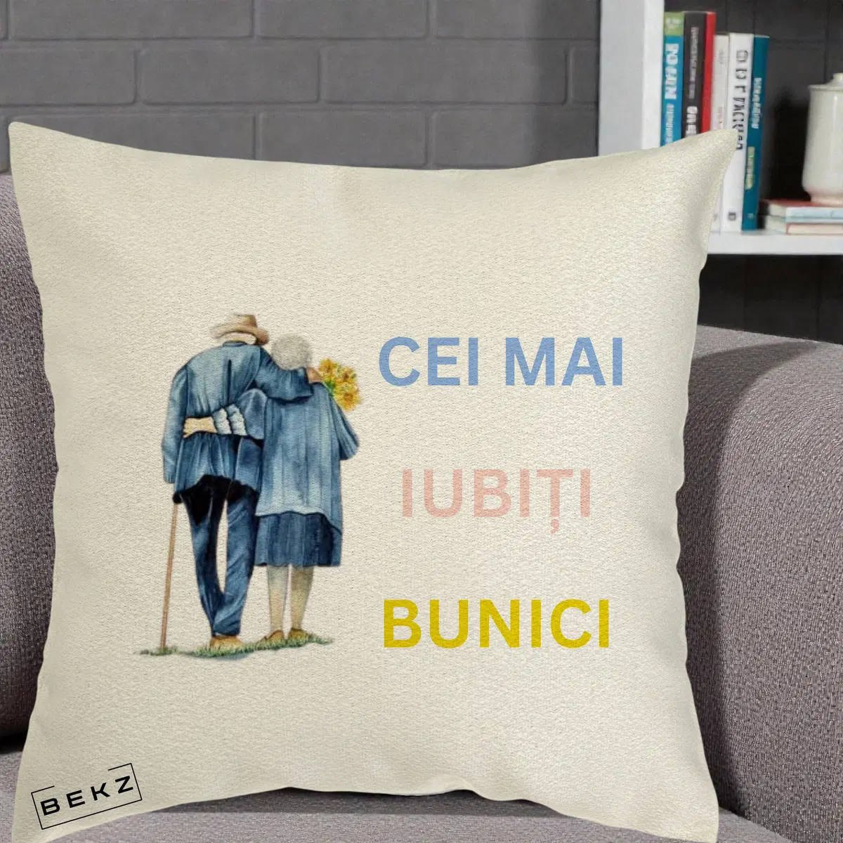 Perna Decorativa Cei Mai Iubiti Bunici Acuarela Spate, 40x40 cm, Ecru, Husa Detasabila, Perna, BEKZ®