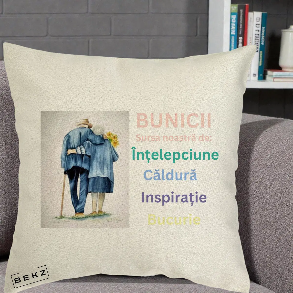 Perna Decorativa Bunicii Sursa Intelepciune Caldura Acuarela, 40x40 cm, Ecru, Husa Detasabila, Perna, BEKZ®