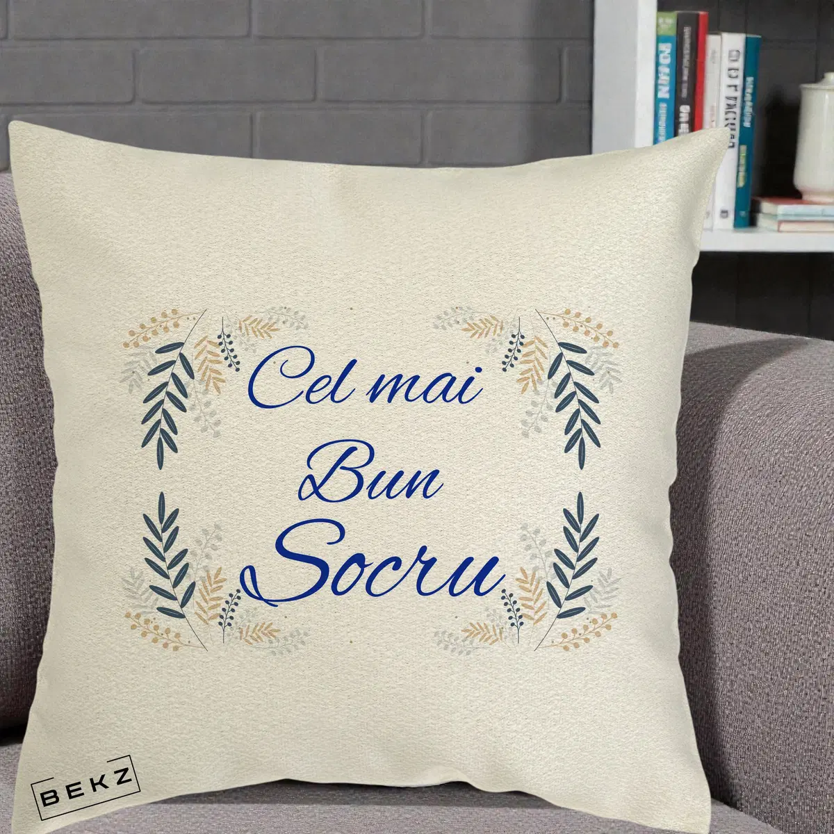 Perna Decorativa Cel mai Bun Socru cu Ramuri Frunze Albastre si Aurii, 40x40 cm, Ecru, Husa Detasabila, Perna, BEKZ®