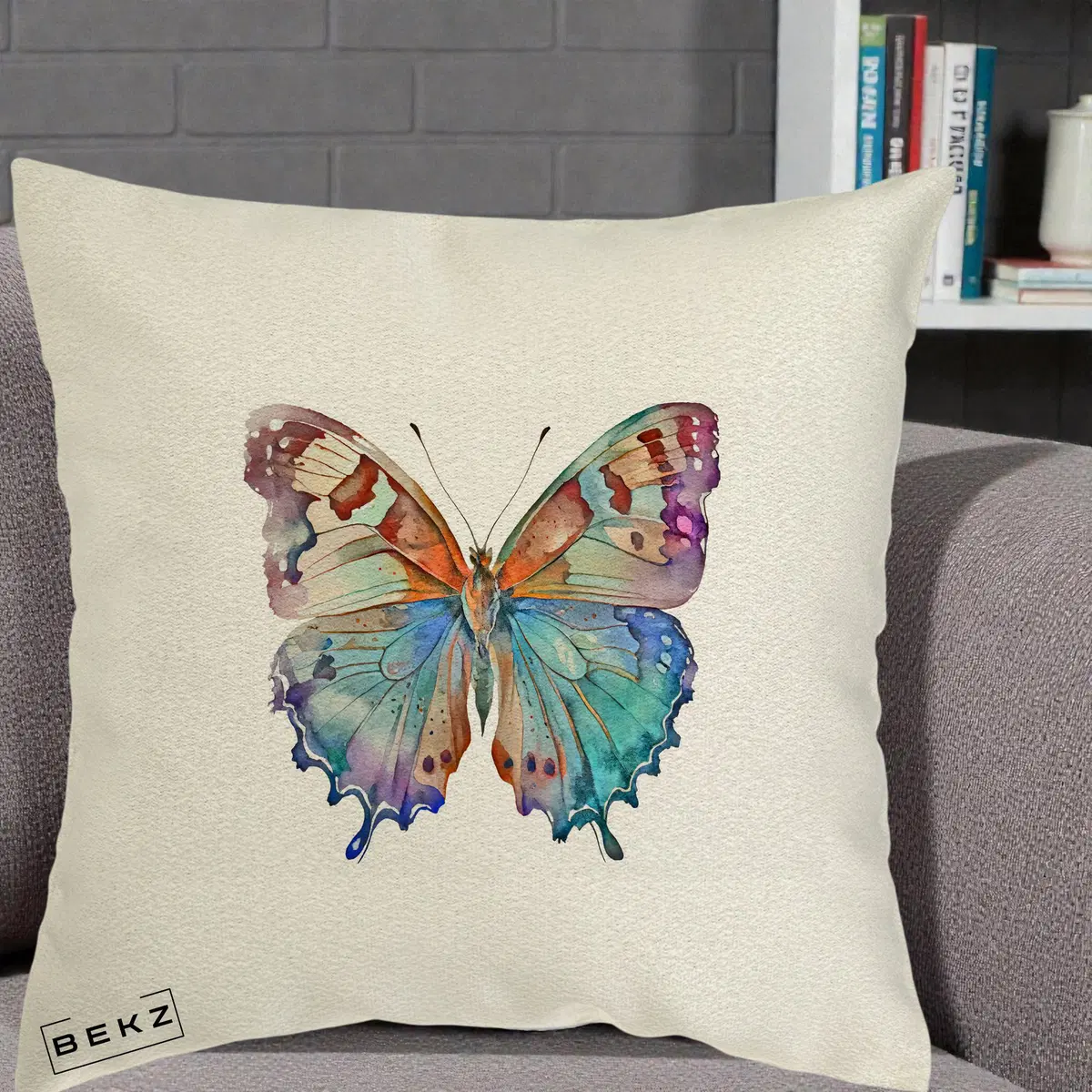 Perna Decorativa Pasare Martin Pescar Acuarela Albastru-Mov, 40x40 cm, Ecru, Husa Detasabila, Perna, BEKZ®