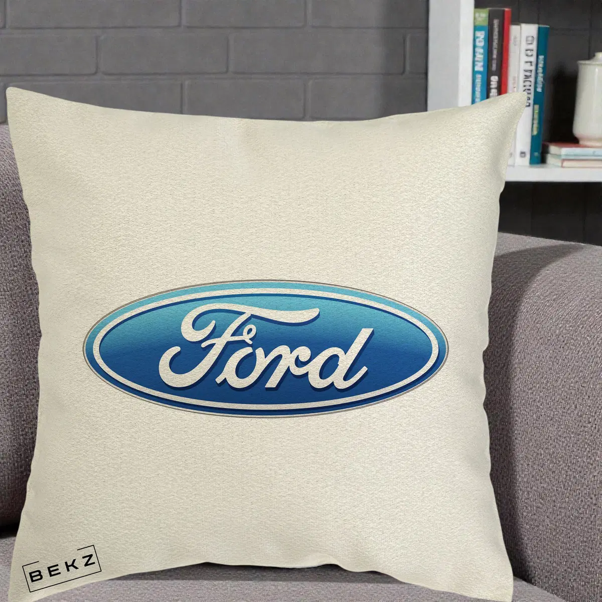 Perna Decorativa Logo Ford Oval Albastru pe Fond ecru, 40x40 cm, Ecru, Husa Detasabila, Perna, BEKZ®