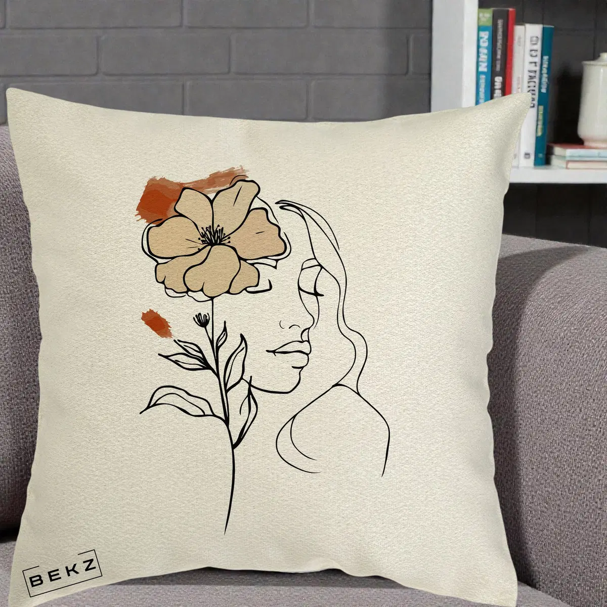 Perna Decorativa Portret Feminin Floare Bej Terracotta, 40x40 cm, Ecru, Husa Detasabila, Perna, BEKZ®