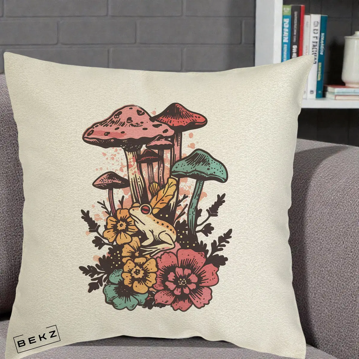 Perna Decorativa Ciuperci si Broaste Boho, 40x40 cm, Ecru, Husa Detasabila, Perna, BEKZ®